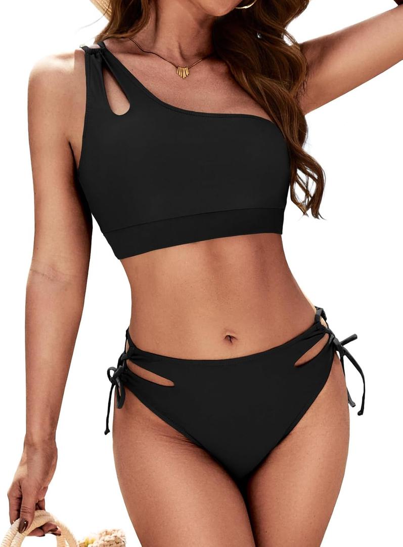 Zilcremo Women Cutout One Shoulder Bikini Set Mid Rise Bikini Swimsuit Two Piece Bathing Suit (Large, Black)