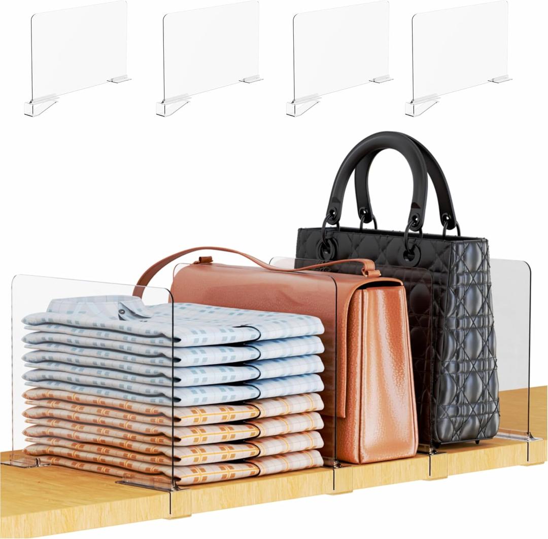 Yieach 4 Pack Towel,Sweater,Purse Organizer and Acrylic Shelf Dividers for Closet Organization - Adjustable Height - Vertical Shelf Separators for T Shirt,Clear Closet Shelf Divider for Wood Shelves