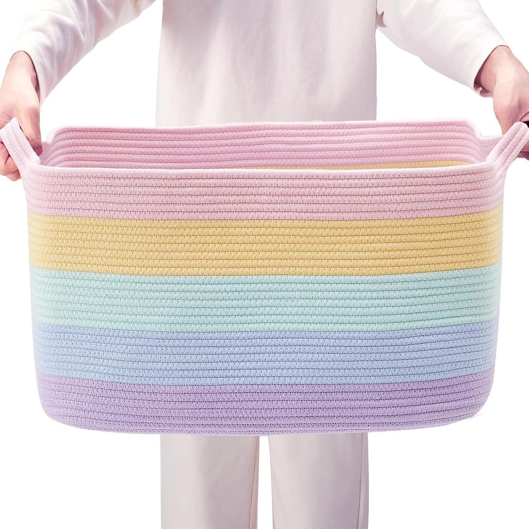 75L Extra Large Rainbow Cotton Rope Storage Basket for Blanket, 22"Lx16"Wx12"H Rectangle Woven Basket for Toys Clothes in Living Room Bedroom for Baby Nursery Kids Toy Box for Girls