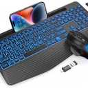 Wireless Keyboard and Mouse Backlits, Wrist Rest, LED Mouse, Rechargeable Ergonomic Keyboard with Phone Holder, Silent Light Up Combo for Computer, Mac, PC, Laptop, Chromebook (Black Large Print)