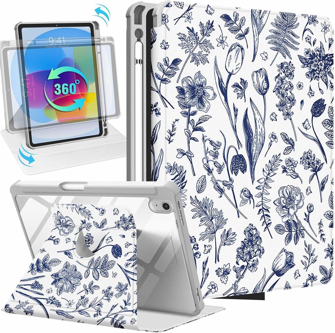 for iPad A16 Case - for iPad 10th Generation Case 10.9 Inch Women Girls Kids Cute Girly Kawaii Pretty Flower Blue Unique Fashion Rotating Stand Folio Tablet Cover for Apple 10/11 2025