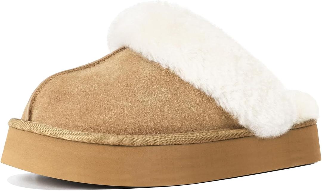 OOW Fuzzy Platform Slippers for Women - Women's Casual Winter House Slippers - Brown, Faux Fur & Shearling Blend - Women's Size (8)