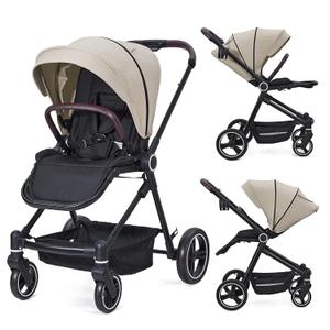 Foldable Baby Stroller, High Landscape Pushchair for Newborn, Toddler, Convertible Infant Pram with Reversible Backrest, Storage Basket, Adjustable Footrest & Canopy, Cup Holder, Cream