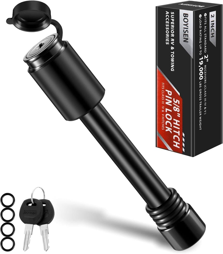 BOYISEN Trailer Hitch Pin Lock - 2" & 2.5" Locking Hitch Pin with 5/8" Pin for Class III/IV/V Hitches, Receiver Hitch Lock Pin with 2 Keys for RVs Truck Trailer, Weatherproof Anti-Theft (Pack of 1)