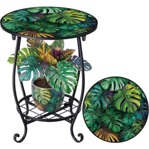 Outdoor Side Table Round Small Mosaic Patio Accent Indoor End Plant Coffee Tea Table for Yard Patio Porch Garden Living Room, Bedroom (Monster Leaf Style,16 Inch)