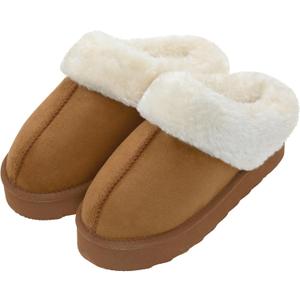 Womens Plush Platform Slippers Warm Fuzzy Winter Slippers Indoor/Outdoor Cozy House Shoes with Non-Slip Rubber Sole (7, Beige)