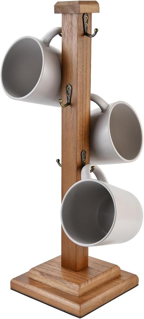 EMASION Rustic Coffee Mug Tree Stand, Solid Wood Holder for 6 Mugs, Space-Saving Kitchen Organizer, Stylish and Sturdy Cup Display Rack, Brown