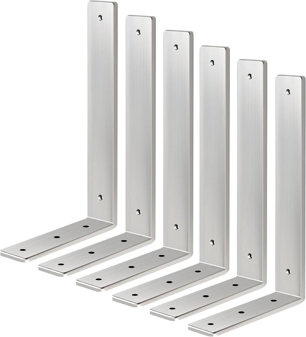 Floating Shelf Bracket Stainless Steel 12 Inch, 6 Pack Heavy Duty Shelf Brackets, Wall Shelf Bracket for DIY Decorative with Mounting Hardware