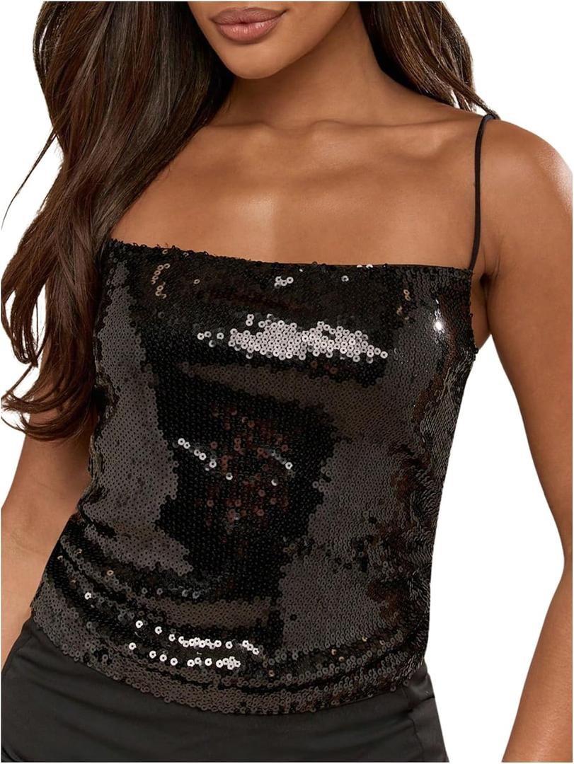 SOLY HUX Women's Glitter Sequin Cami Tops Spaghetti Strap Camisole Sleeveless Party Clubwear Top Solid Black X-Large