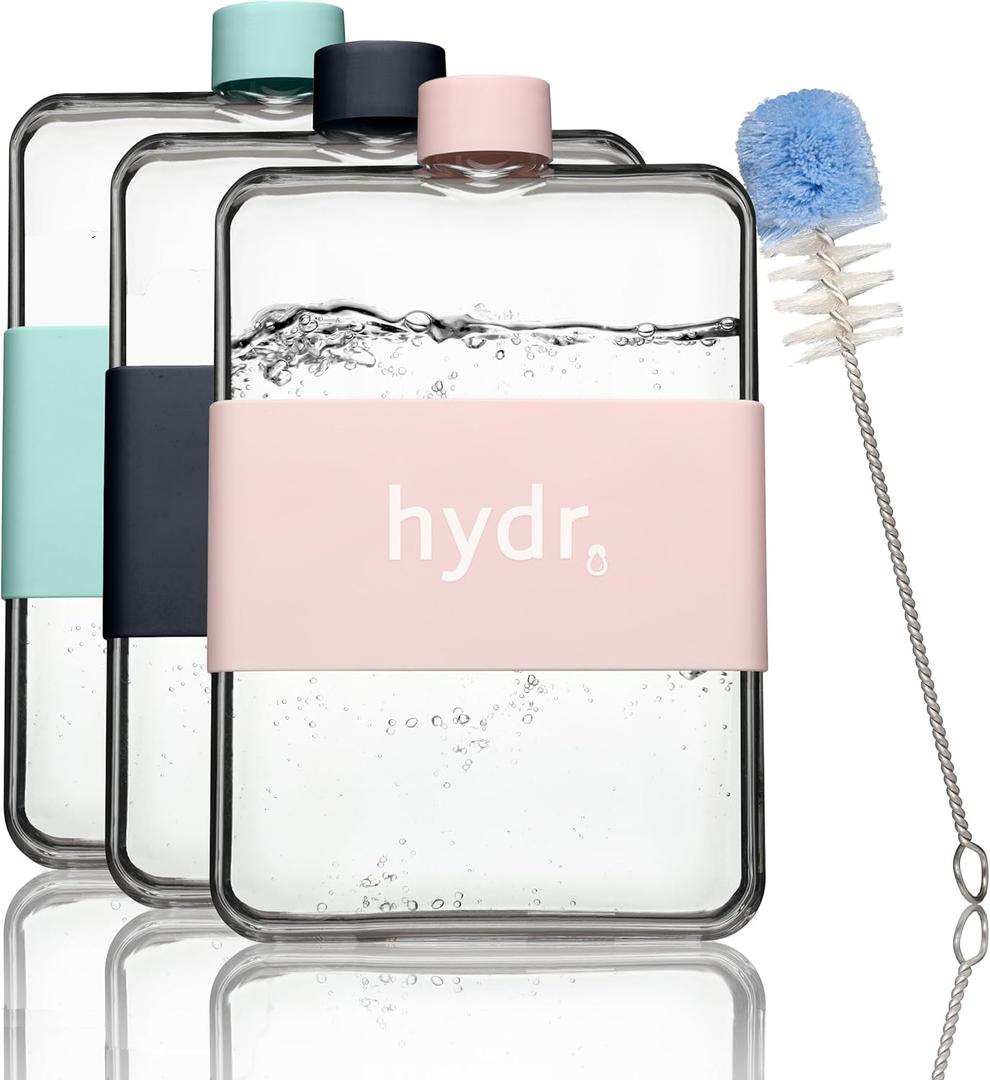 hydr | 15oz Flat Water Bottle For Purse & Flexible Cleaning Brush | BPA Free Square Water Bottle | Leak/Drop Proof Slim Water Bottles For Travel, small water bottle (Dusty Pink)