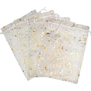 SUNGULF 100Pcs 6x9 Inches Sheer Organza Drawstring Pouches Stars And Moon Wedding Party Favor Jewelry Candy Gift Bags (White)