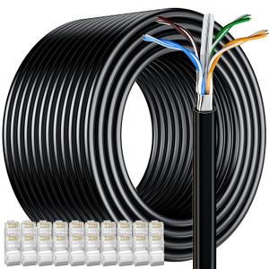 MEIPEK Cat 6 Outdoor Ethernet Cable 328ft/100M (20 RJ45), FTP Cat 6 Shielded Ethernet Cable Bulk, Heavy Duty 23AWG, Weatherproof, UV Resistant, Direct Burial, LAN Cable Cat6 300+ft for Router, Gaming