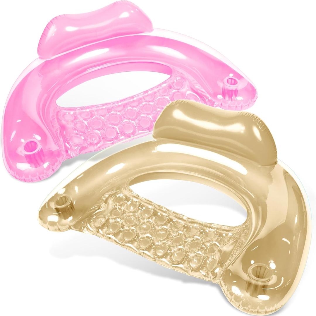 SLOOSH Inflatable Pool Floats Adult,2 Pack Pool Chairs with Cup Holders,Pure Blow up Floats Chair,Hammock Noodle Mat for Relaxing Summer Water Fun Swimming Party Beach (Pink,Champagne)