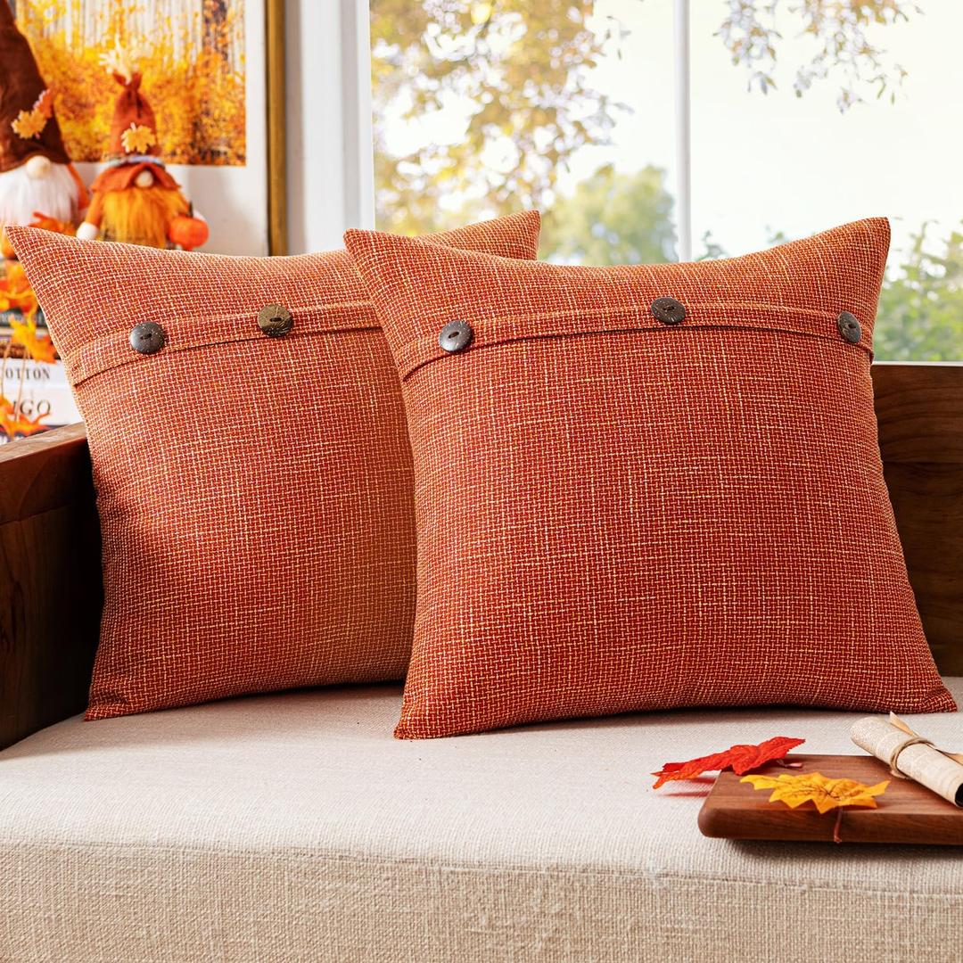 MIULEE Set of 2 Decorative Linen Throw Pillow Covers Cushion Case Fall Triple Button Vintage Farmhouse Pillowcase for Couch Sofa Bed Living Room 18 x 18 Inch Orange