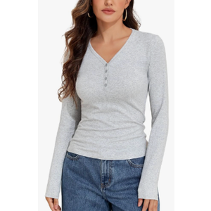 Women's Cotton Long Sleeve Shirts Casual V Neck Henley Tops Slim Fit Fall Basic Tees T Shirt, Size Small