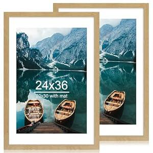 Hongkee 24x36 Poster Frame Set of 2, Natural Oak Wood Style - Display 20x30 Picture with Mat or 24 x 36 Poster without Mat, Wall Mounting Horizontal and Vertical