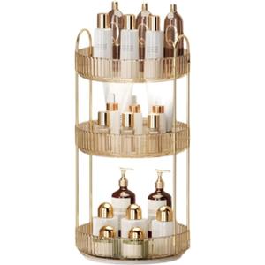 360 Rotating Makeup Organizer for Vanity - 3 Tier Perfume Organizer with Large Capacity - Skincare Organizer for Bathroom Counter - Space-Saving Cosmetic Storage for Dresser Countertop (Gold)