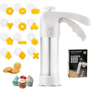 Cookie Press Gun Kit, Spritz Cookie Press, Cookies Maker, Stainless Steel and Plastic, with 12 Cookies Discs and 6 Nozzles for Baking Biscuit Making and Cake Decoration
