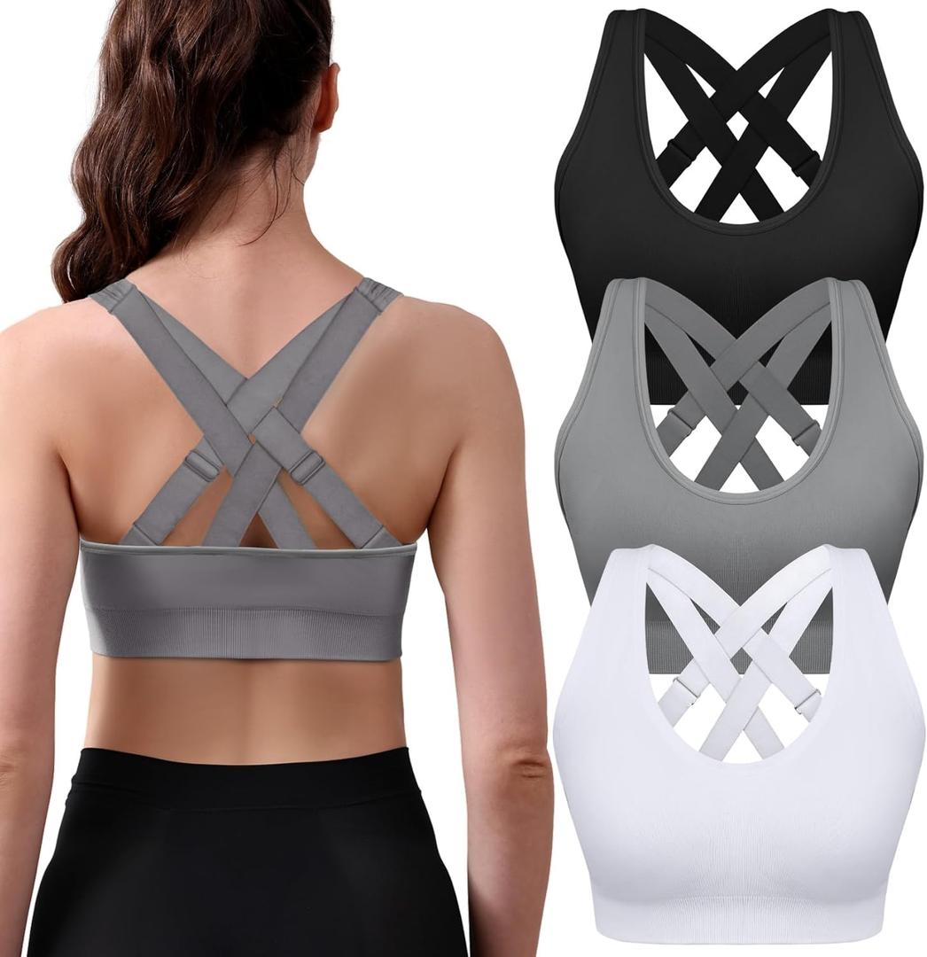 Double Couple 3 Pack Sports Bras for Women Medium Support Adjustable Padded Crossback Sports Bra for Yoga Gym (Large, Black+grey+white)