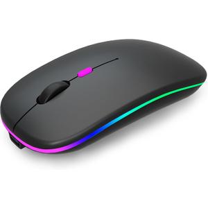 AIKOKOK Wireless Bluetooth Mouse, Rechargeable, Dual Mode Bluetooth 5.2 & 2.4G USB, LED Lights, Slim, Silent, Portable Computer Mouse for Laptop, PC, MacBook, iPad, Tablet (Black)