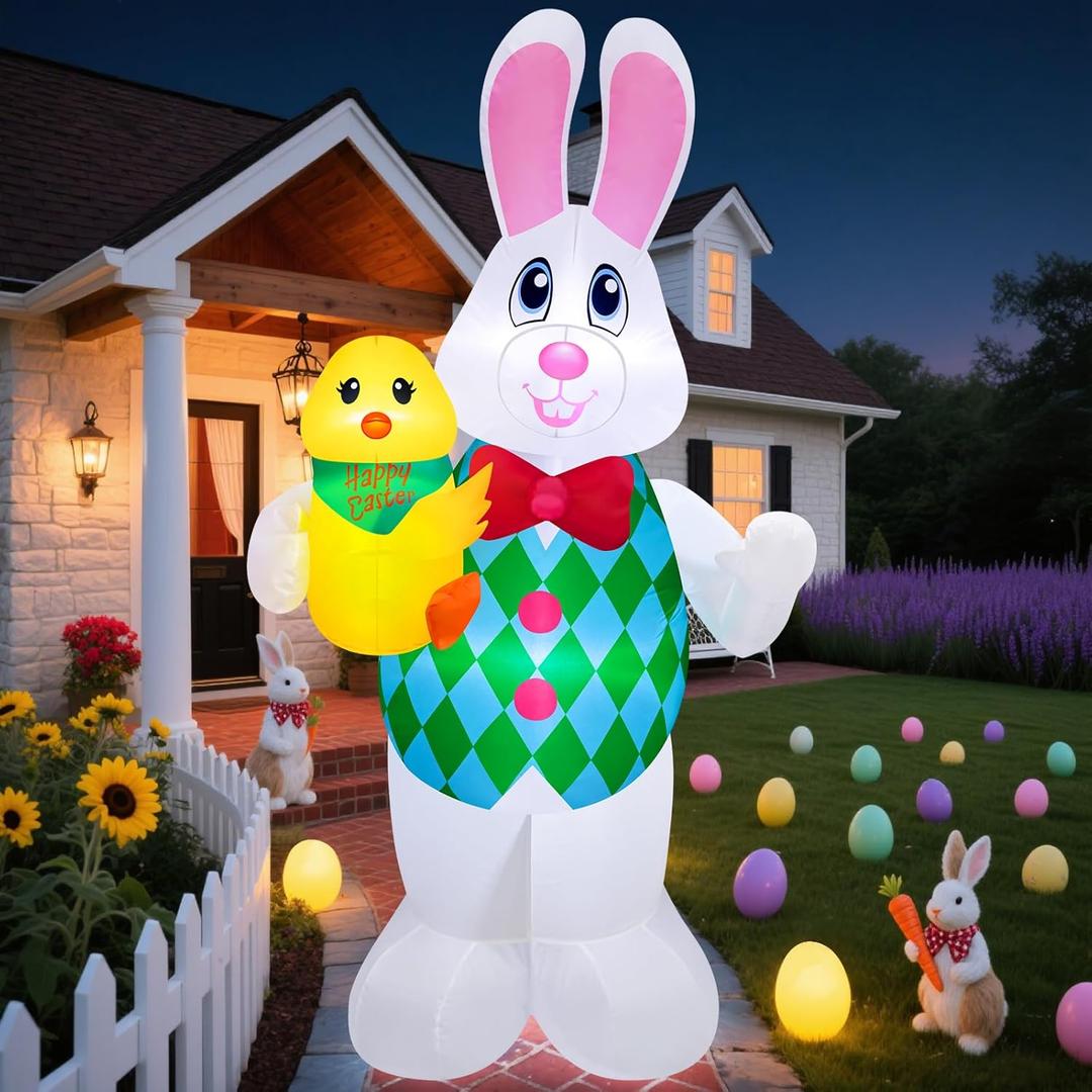 Danxilu 5 Foot Easter Inflatables Outdoor Decorations, Cute Blow Up Bunny Holding Chick for Outside, Built in LEDs Spring Holiday Inflatable Yard Decoration for Party Indoor Garden Lawn