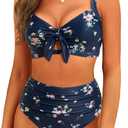 Tempt Me Two Piece Swimsuits - High Waisted Bikini Tummy Control Full Coverage Bathing Suits Ruched Tie Knot Swimwear (X-Large, Navy Floral)