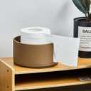 Brown Leather and Wood Textures Toilet Paper Holder Stand for Bathroom Countertop or Floating Shelves, Toilet Top Decorative Roll Organizer Mega Roll 5.5 Inches or Less, Free Standing Mega Roll Storage