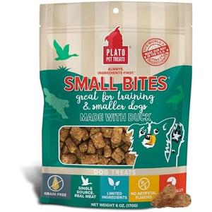 Plato Pet Treats Air Dried Small Bites Dog Treats, Natural Bite Sized Real Meat & Duck, Grain Free & High Protein, Made in the USA, 6oz, Pack of 2, Best buy Date 09/17/2025