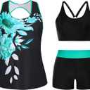 Hanna Nikole 3 Piece Tankini Swimsuits for Women Tummy Control Plus Size Bathing Suit with Boy Shorts Tank Top and Sports Bra (Green Floral)