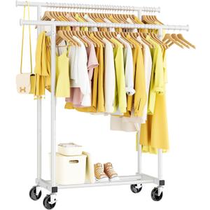HYSEYY Double Rods Clothes Rack, Rolling Clothing Rack for Hanging Clothes Portable Wardrobe Rack, Metal Garment Rack Sturdy Coat Rack for Bedroom Laundry Living Room, White (16.5"D x 44.3"W x 63"H)