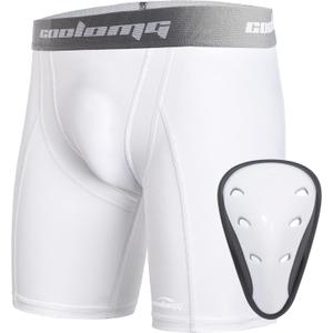 COOLOMG Youth Boys Compression Shorts with Protective Cup Sliding Underwear for Baseball Football Lacrosse Hockey (Medium, White)
