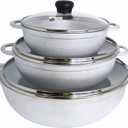 IMUSA Caldero Stock Pot with Glass Lid 3pc Set, 1.5/2.5/5.2qt, Cast Aluminum, Perfect for Serving Medium & Small Groups, Riveted Handles, Made in Colombia, Silver.