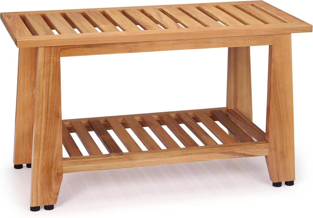 Teak Shower Bench, 30'' Heavy Duty Teak Wood Bathroom Seat, Water-Resistant Spa Bath Stool with Non-Slip Rubber Feet and Storage for Inside Shower and Outdoor Use, 350 lbs Capacity