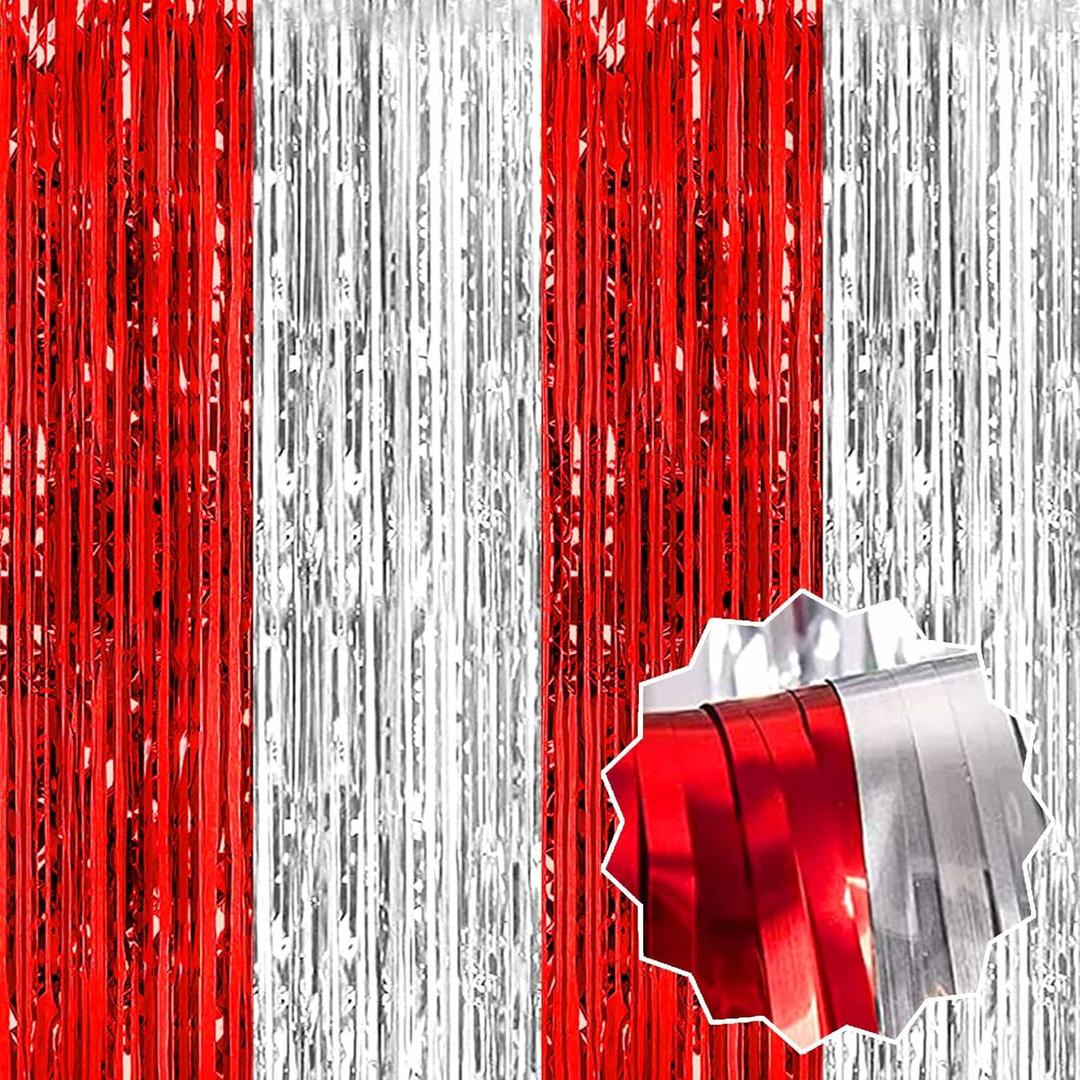 3 Pcs Tinsel Fringe Curtain Backdrop for Party Decoration Easy to Install for Birthdays Weddings Photo Booths and Celebrations White/Red