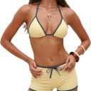 ZAFUL Women's Halter Bikini with Boyshort Triangle Gingham Color Block Swimsuits String Cheeky 2 Piece Bathing Suit (Yellow, S)