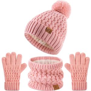 Kids Pompom Winter Beanie Hat Scart Gloves Set,Boys Girls Knitted Fleece Lined Woollen Hat for Children's Toddler 3-9 Years (Pink)