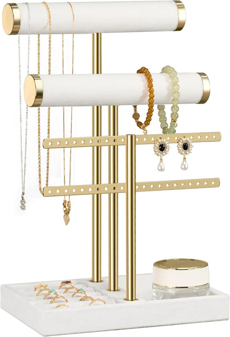 3 Tier Bracelet Holder Display - Detachable T Bar White Velvet Bracelet Holder, Jewelry Holder Organizer for Bracelet, Necklace, Earrings, Rings