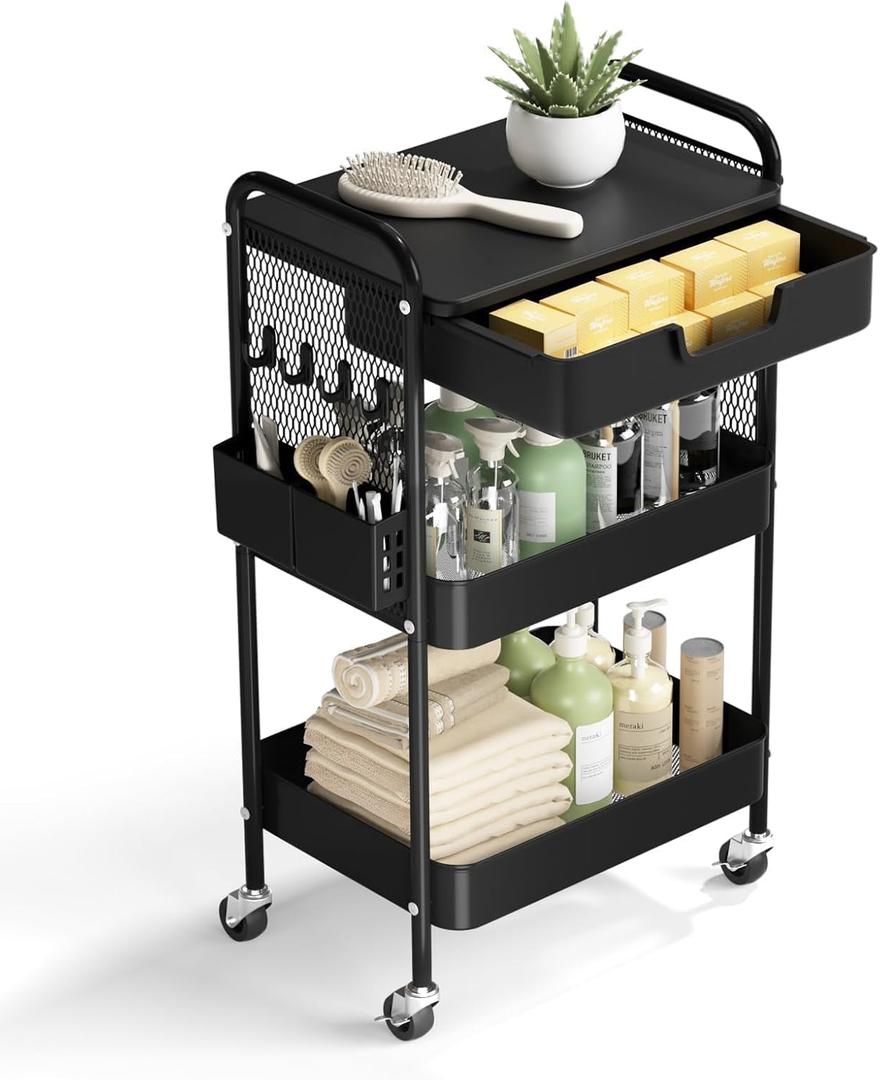 3 Tier Rolling Cart with Drawer, Metal Rolling Utility Cart on Wheels with Pegboard, Art Cart Storage Organizer with Tabletop for Living Room, Office, Bedroom (Black)