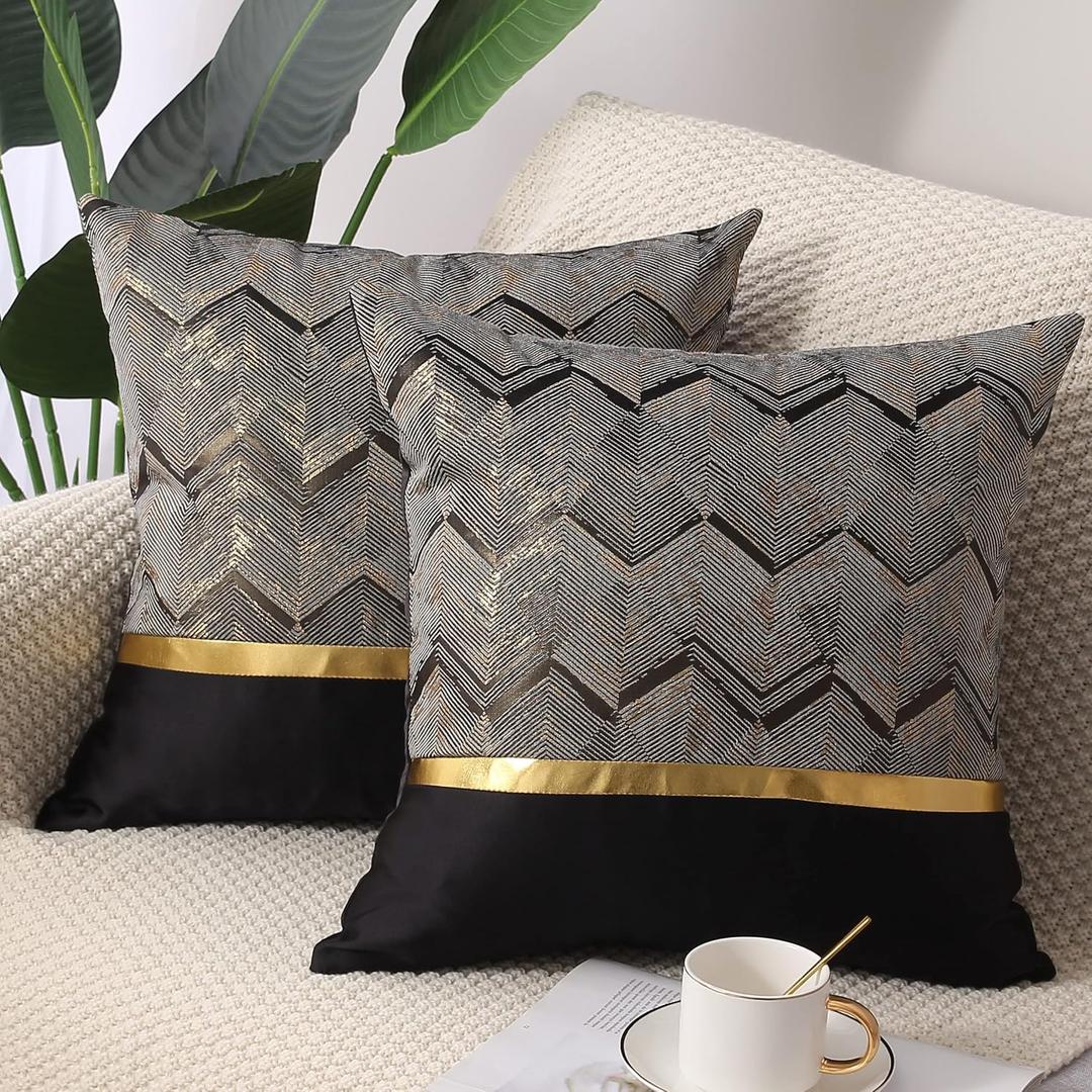 Throw Pillow Covers Set of 2 Black Gold Leather Striped Patchwork Jacquard Cushion Case Luxury Modern Square Decorative Cushion Covers for Sofa Couch Bed Home Decoration 18x18 Inch Throw Pillow Covers Set of 2 Black Gold Leather Striped Patchwork Jacquard Cushion Case Luxury Modern Square Decorative Cushion Covers for Sofa Couch Bed Home Decoration 18x18 Inch