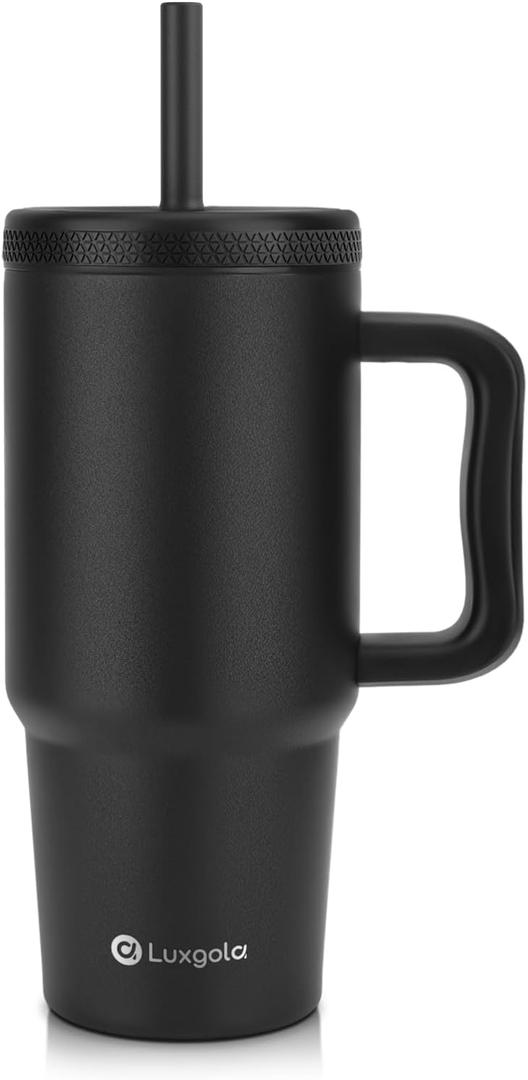 Kids 24 oz Tumbler with Handle, Leak-Proof Screw-On Lid with Removable Silicone Straw, Spill Proof, Reusable Stainless Steel Insulated Water Bottle, Gift for Boys Girls Adults, Black