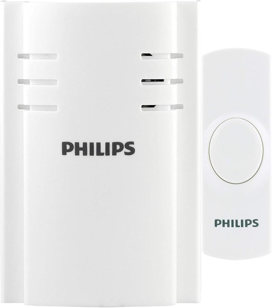 Philips Wireless Doorbell Kit, Plug-In Reciever, 1 Push Button, 2 Melodies, 4 Volume Levels, 150 Ft Range, White, DES2120W/27