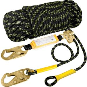 TRSMIMA Rope Harness Safety Lanyard：25ft Vertical Roofing Rope With Grab Snap Hooks Shock Absorber - Fall Protection Tree Climbing Line Kit Heavy Duty Roof Safety Equipment ANSI CE