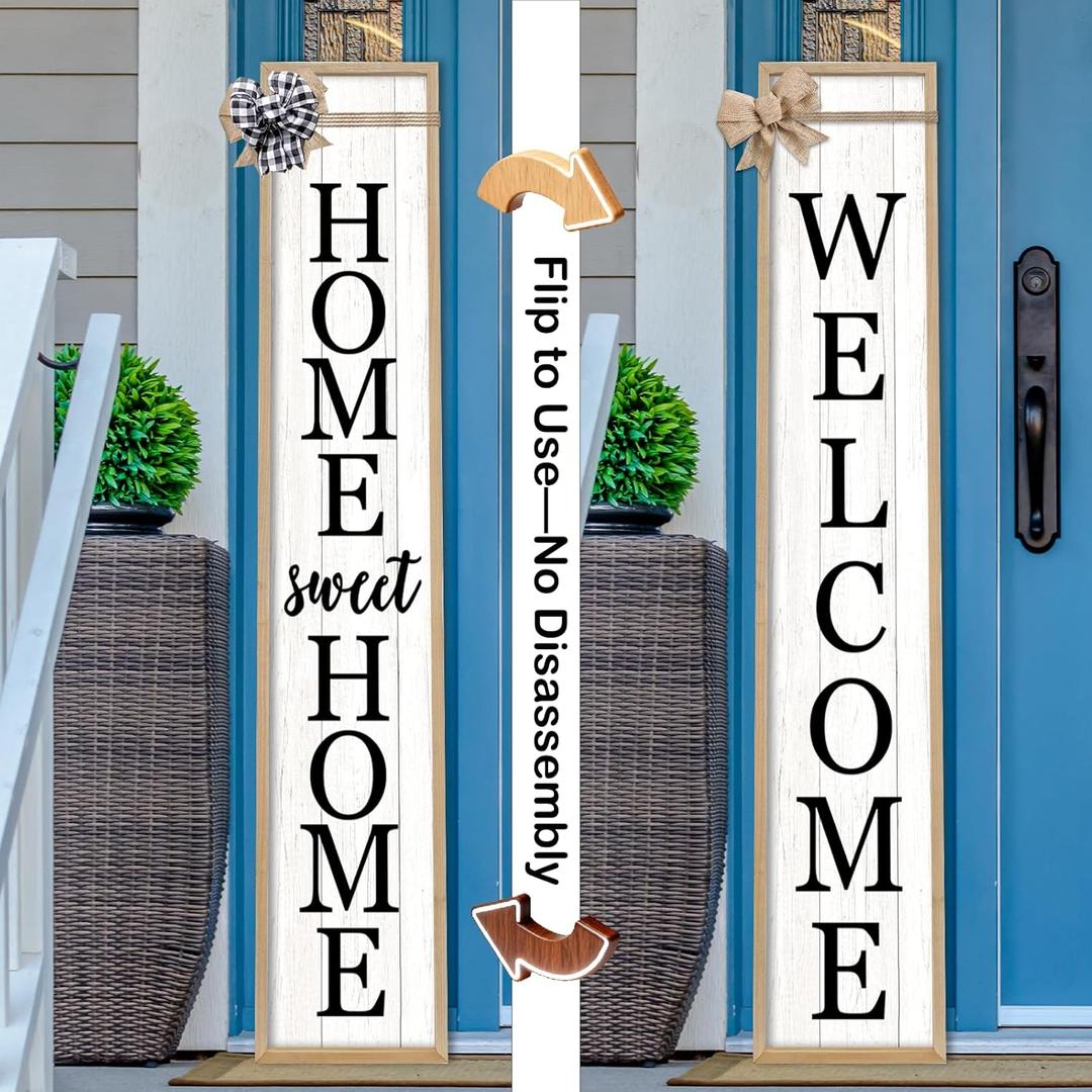 Outdoor 2in1 Welcome Sign for Front Door Home Sweet Home Sign for Farmhouse Tall Outdoor Front Porch Standing 2 Sided 45"X9" Large Vertical Leaner Rustic Outside Decor (Wood White)