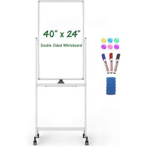 Rolling Whiteboard, 40" x 24" Magnetic Mobile White Board, Double Sided Dry Erase Board with Stand, Standing Whiteboard Easel on Wheels for Home School, Office and Classroom