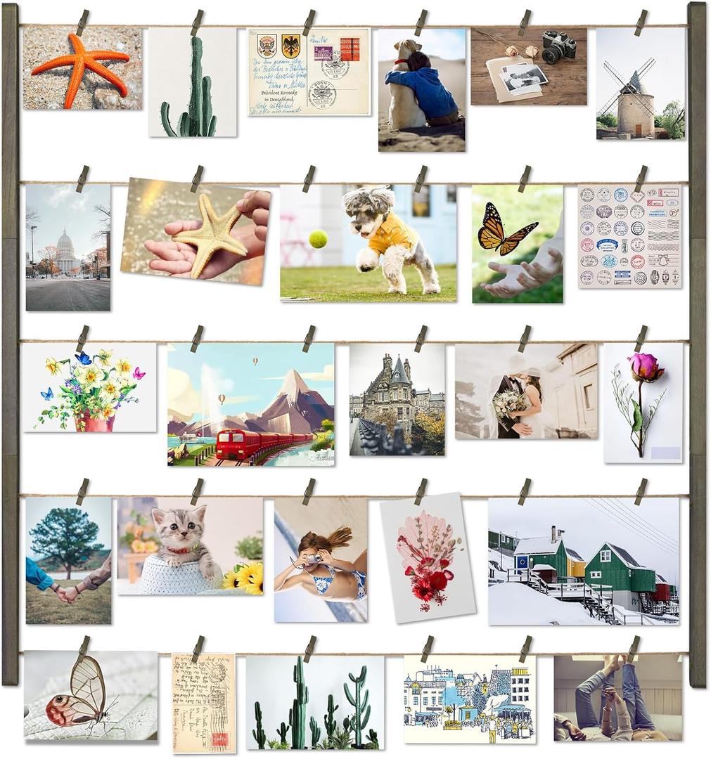 Love-KANKEI Wood Picture Photo Frame for Wall Decor 26x29 inch with 30 Clips and Adjustable Twines Collage Artworks Prints Multi Pictures Organizer and Hanging Display Frames Gift Weathered Grey 