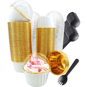 Cupcake Liners with Dome Lids 100Pack, Free-Air 3.5Oz Mini Foil Baking Cups Muffin Liners, Disposable Ramekins Cupcake Tins Cupcake Wrappers for Wedding Birthday Party, with Spoons-White in Gold