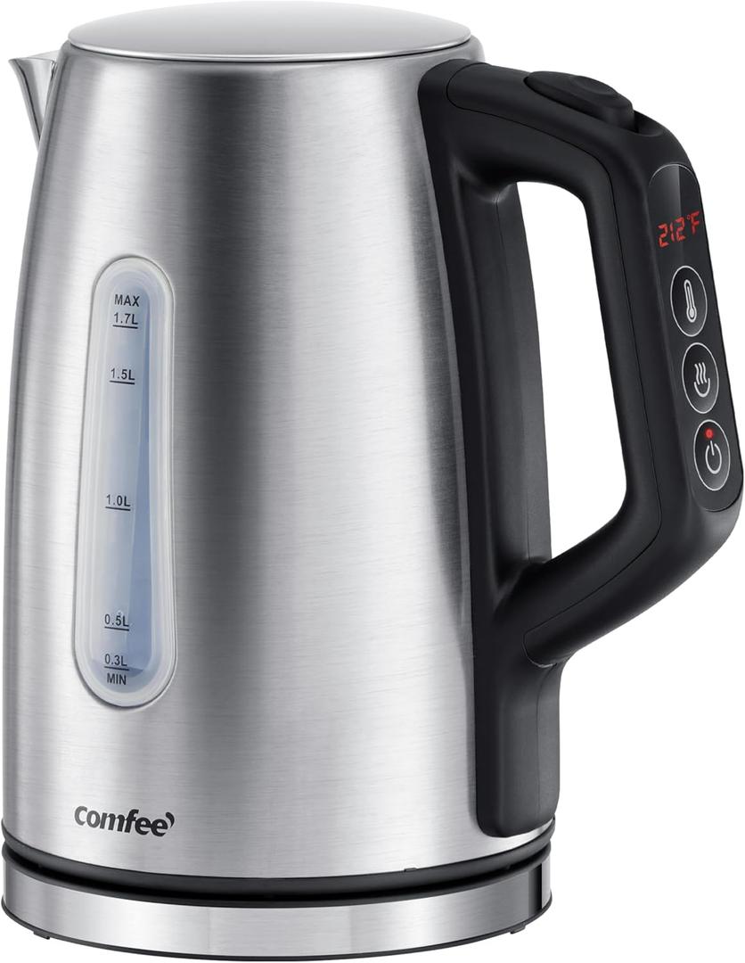 COMFEE' Stainless Steel Electric Kettle, Temperature Control with 6 Presets, 1-Hr Keep Warm, Kettle Water Boiler 1.7 Litres, 1500W with Viewing Window, Auto-Off and Boil-Dry Protection (1.8 Quarts, Silver Digital)