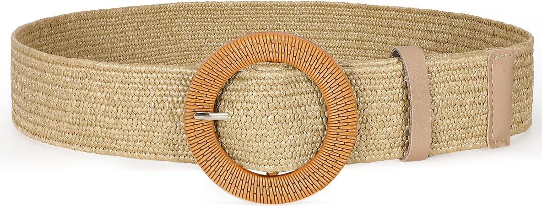 SANSTHS Womens Wide Elastic Belt, Boho Straw Braided Belt for Dresses Jeans Coats with Square Buckle (M:Fit waist size below 33 inch, Khaki(round Buckle))
