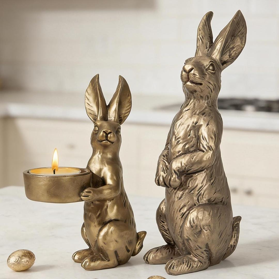 DN DECONATION Golden Easter Bunny Figurines Set of 2, Gilded Resin Rabbit Statue with Tealight Holder, Vintage Luxury Home Decor Centerpiece, Elegant Table Decor for Weddings and Easter Gifts