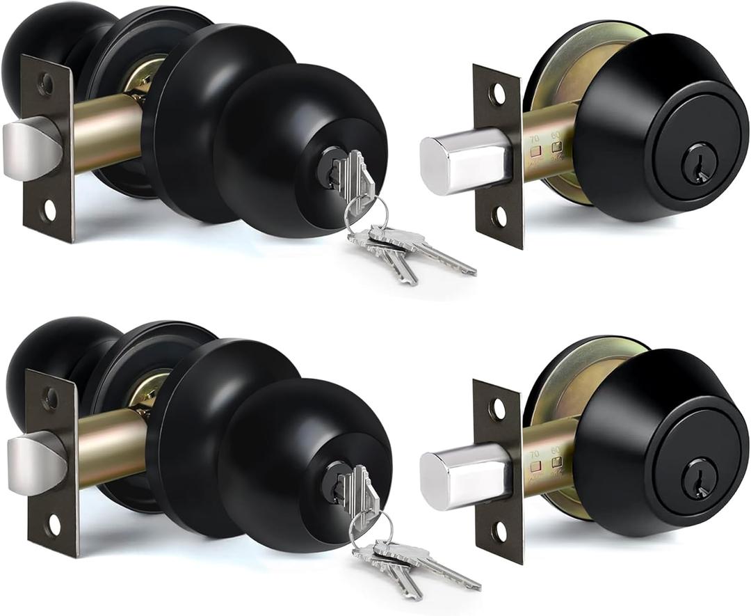 BESTTEN 2 Pack Keyed Same Exterior Door Knobs and Single Cylinder Deadbolts Combo Set, Keyed Alike Entry Door Knobs with Locks and Keys for Entrance and Front Door, Matte Black